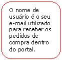 Retngulo de cantos arredondados: O nome de usurio  o seu e-mail utilizado para receber os pedidos de compra dentro do portal.